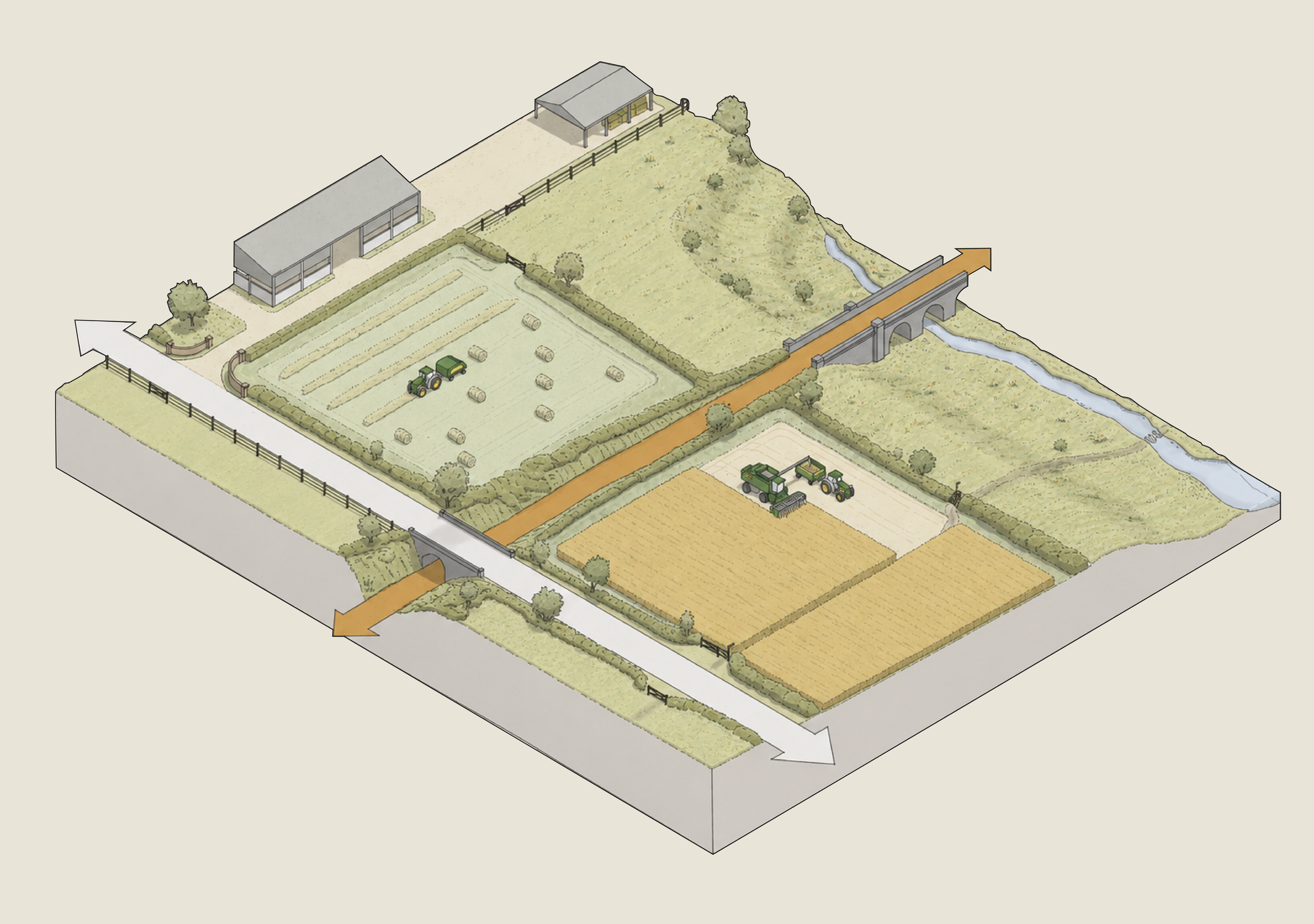 Isometric diagram of a disused railway corridor running through farmland