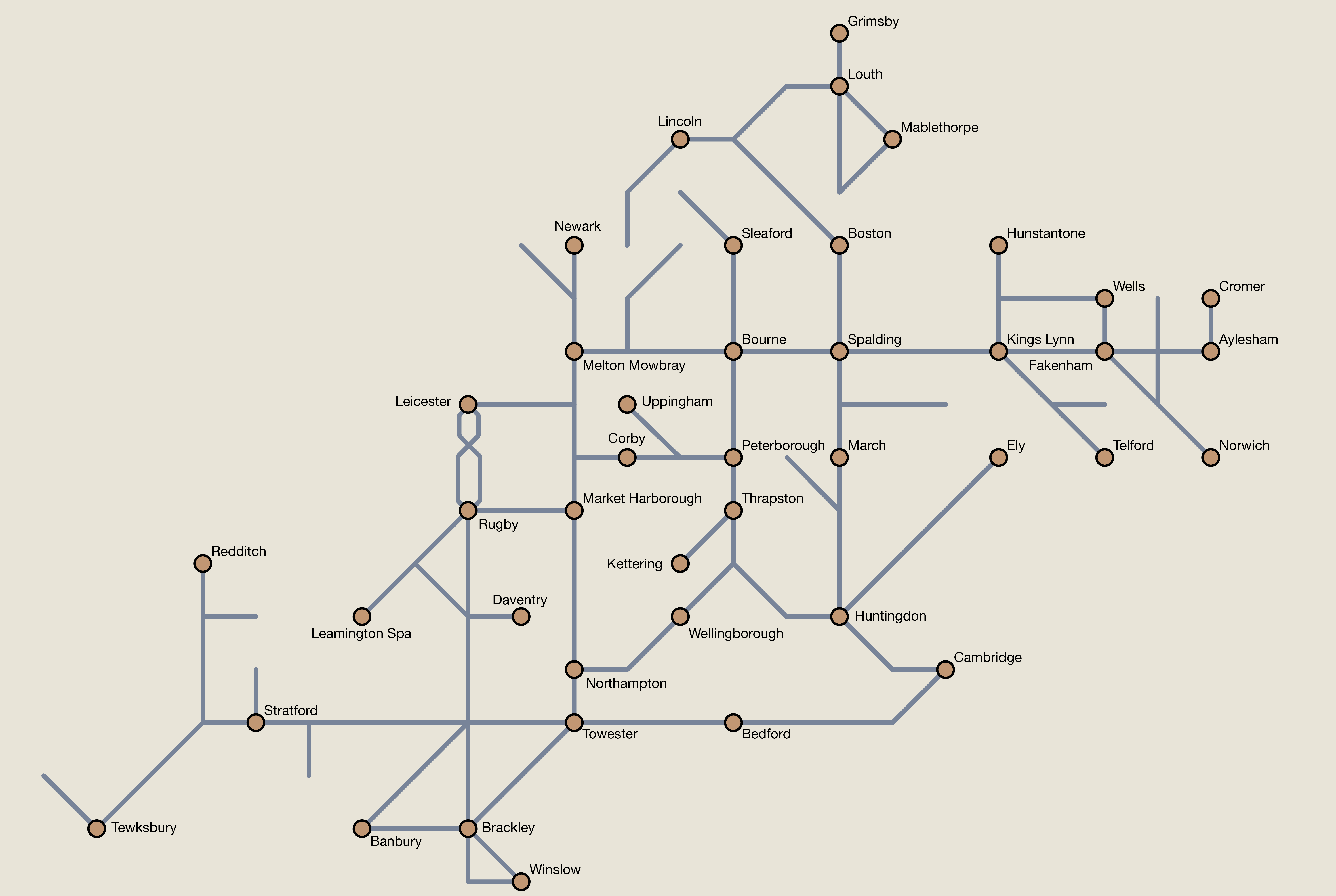 Schematic map of the Midlands regional disused rail network